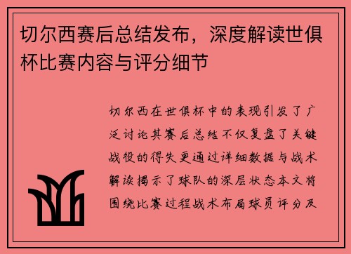 切尔西赛后总结发布，深度解读世俱杯比赛内容与评分细节