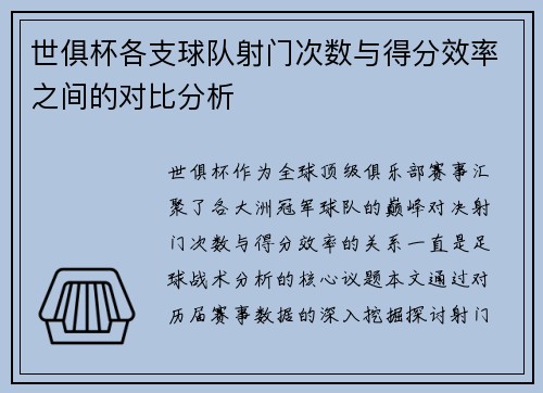 世俱杯各支球队射门次数与得分效率之间的对比分析
